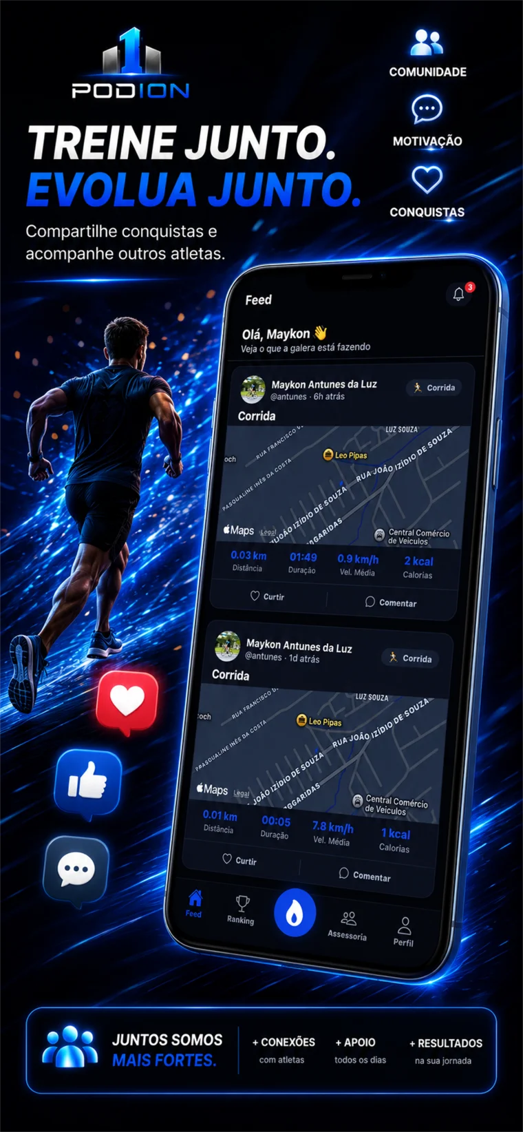 Feed social do Podion com atividades de outros atletas
